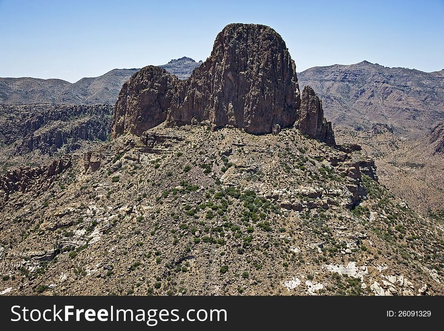 Aerial view of Weaver's Needle in the Superstition Mountains of Arizona. Aerial view of Weaver's Needle in the Superstition Mountains of Arizona