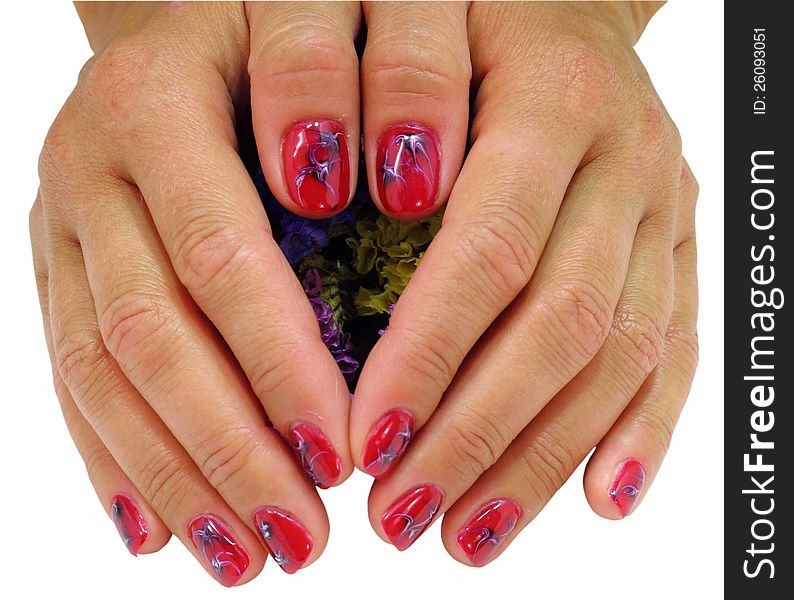 Woman hands with red decorated nails on a white background. Woman hands with red decorated nails on a white background