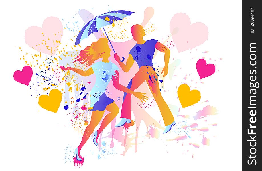 Couple Art Silhouettes With Umbrella And Rain