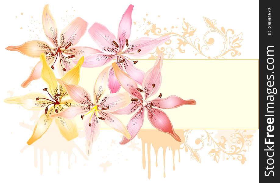 Floral vector for design. Floral design with lily and frame for text