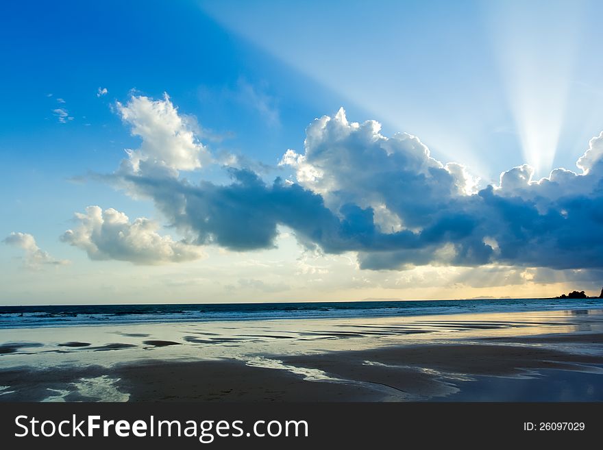 This is Tropical beach Sunset Sky With Lighted Clouds at Thailand.