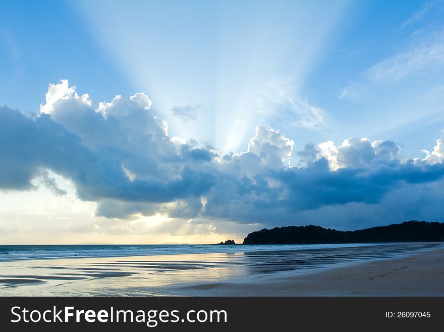 Tropical Beach Sunset Sky With Lighted Clouds