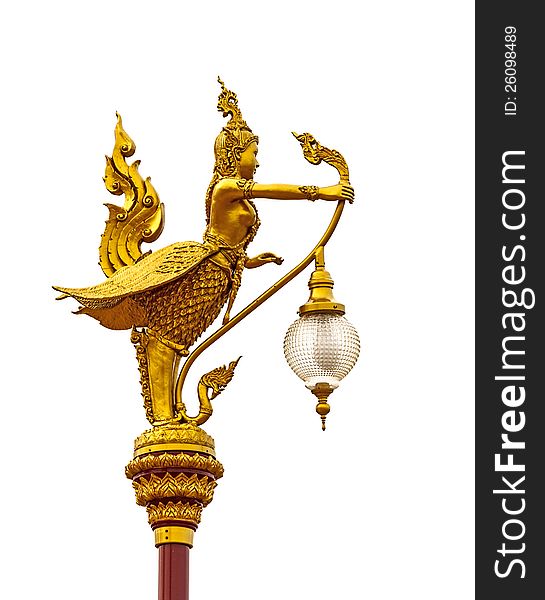 Isolated half-bird lamp at thai temple. Generality in Thailand, any kind of temple, art decorated in Buddhist church, temple etc. created with money donated by people to hire artist. They are public domain, no restrict in copy or use.