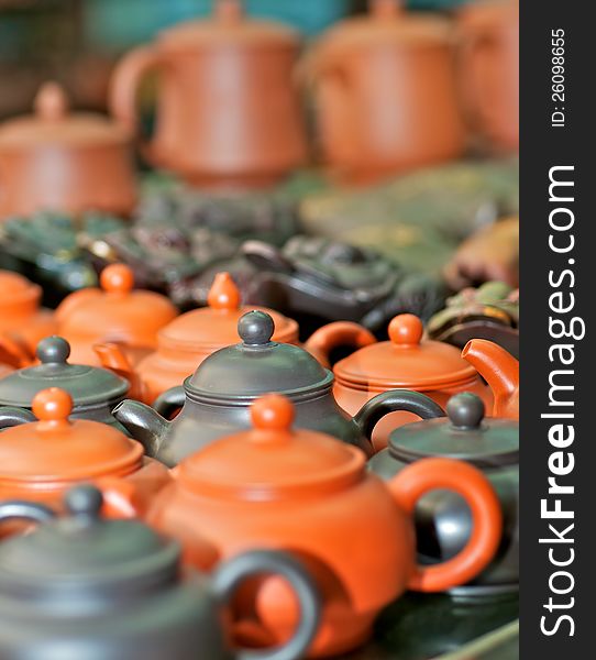 Clay pots in the tea market in China. Clay pots in the tea market in China