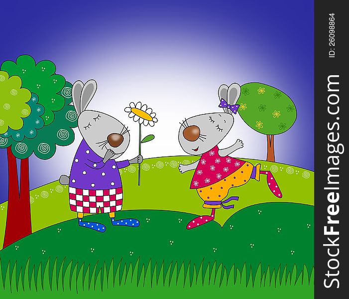 Rabbits. Colorful graphic illustration for children. Rabbits. Colorful graphic illustration for children