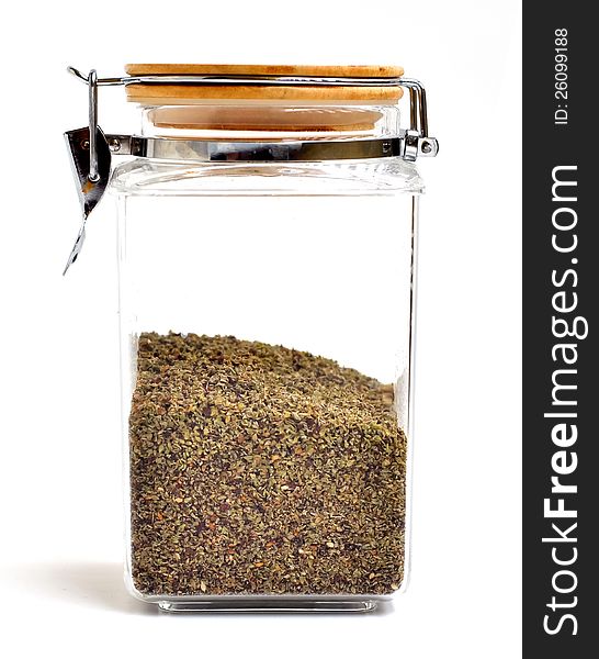 Thyme, mixes with sesame and kept in a glass jar. Thyme, mixes with sesame and kept in a glass jar