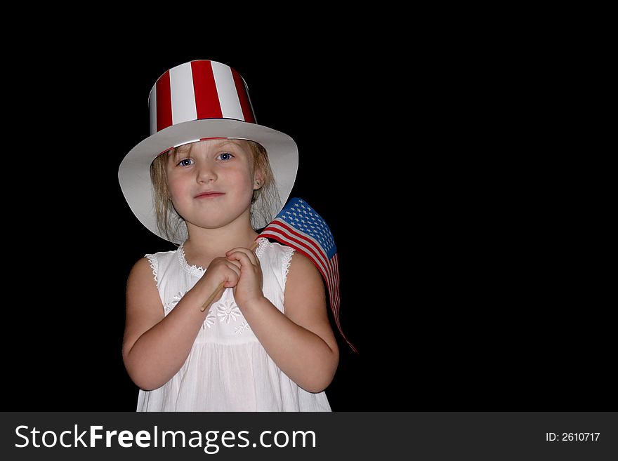 Cute young girl wearing uncle sam hat and holding a usa flag. Cute young girl wearing uncle sam hat and holding a usa flag.