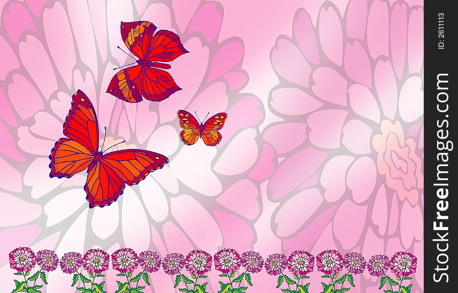 Butterfly picture on color full  ground with flowers. Butterfly picture on color full  ground with flowers