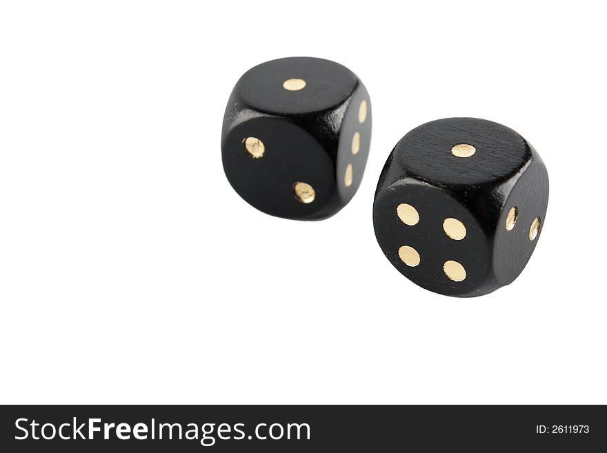 Couple of black plastic dice isolated on white