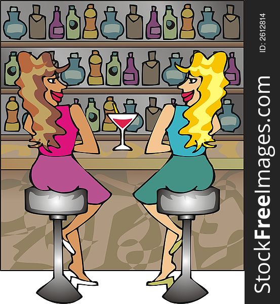 Art illustration: scene of a bar with two girls