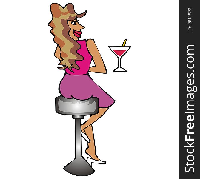 Art illustration: brunet girl seated in a bar