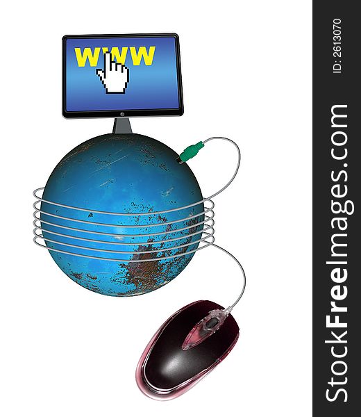 Mouse connect to the global with computer screen. Mouse connect to the global with computer screen