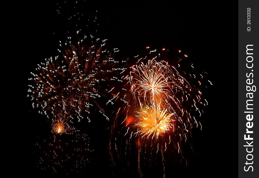 A colorful view of fireworks. A colorful view of fireworks.