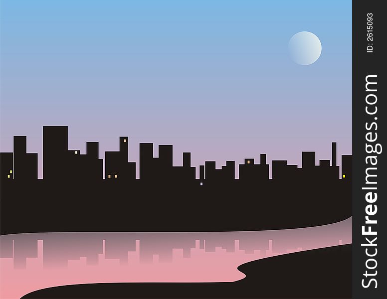 Illustration in the form of the city drawn by a black silhouette, on coast of the river. Houses are reflected in the river in a view of beams of the ascending sun and the going out moon. The background of figure is executed in gradation from blue to pink. Illustration in the form of the city drawn by a black silhouette, on coast of the river. Houses are reflected in the river in a view of beams of the ascending sun and the going out moon. The background of figure is executed in gradation from blue to pink.