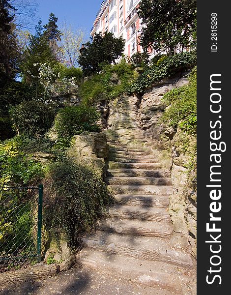 Steps leading to the top of Montmartre, Paris, France, with a blue sky background. Steps leading to the top of Montmartre, Paris, France, with a blue sky background
