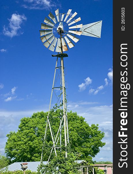 An old windmill with vines growing up the base taken against a bright blue sky.