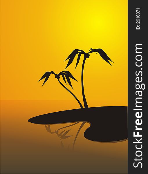 Illustration of two palm tree on the island, reflected in water. The image in the form of a black silhouette on an orange background. It can be used as a background or a composition. Illustration of two palm tree on the island, reflected in water. The image in the form of a black silhouette on an orange background. It can be used as a background or a composition