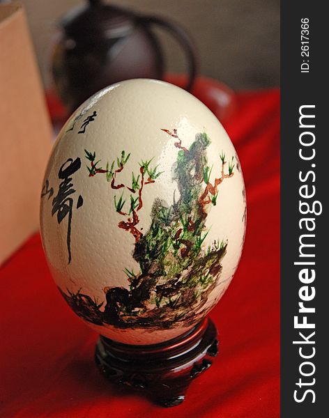 Ostrich egg painting on the table