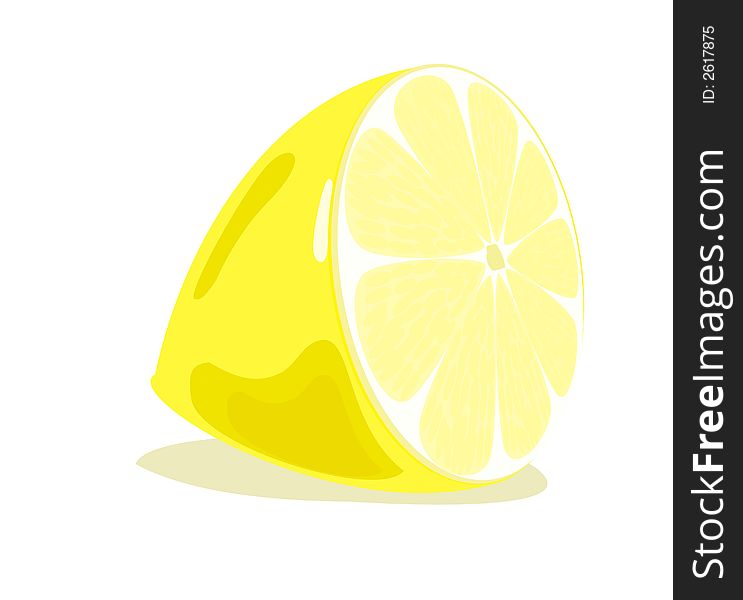 The stylized figure of a yellow lemon with a shadow on a white surface. It can be used as a background or a part of a composition