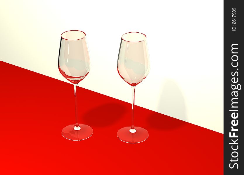3Dl illustration with the image of two celebratory wine glasses on a red cloth. Very bright and entertainment solemn picture.