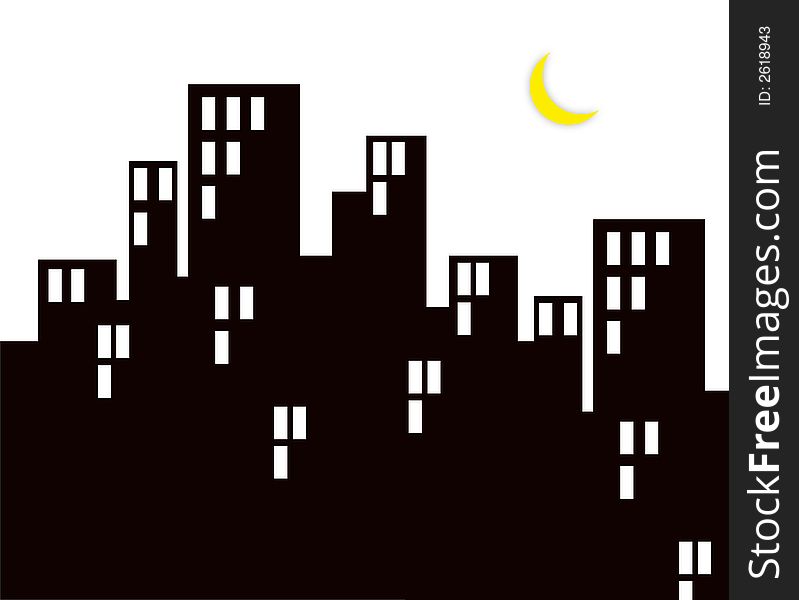 Illustration of city at night with moon. Illustration of city at night with moon.