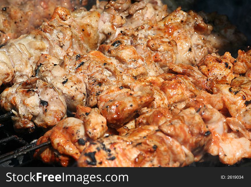 Grilled meat, chicken and pork close- up