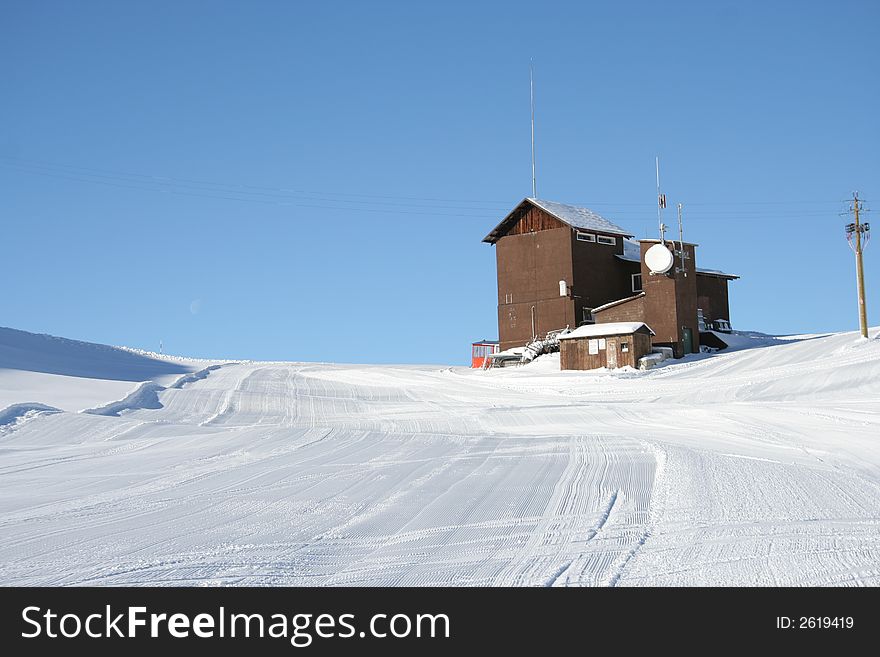 Ski lift station in mountains during winter