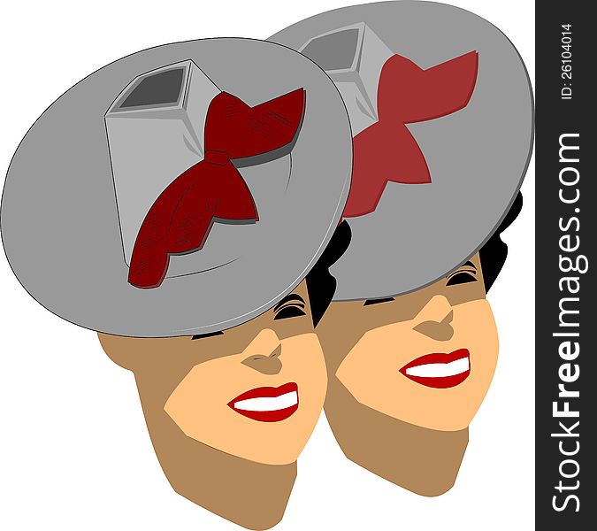 Twins in retro style wearing fashionable hats with large smiles