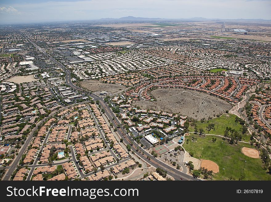 Aerial view of a mix of residential, Industrial and retail. Aerial view of a mix of residential, Industrial and retail