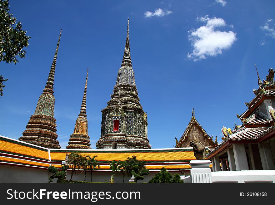 Sharp architecture and blue sky at Wat Pho temple with in Bangkok, Thailand