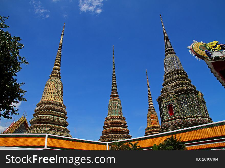 Sharp pagoda and sky with architecture at Wat Pho temple with in Bangkok, Thailand