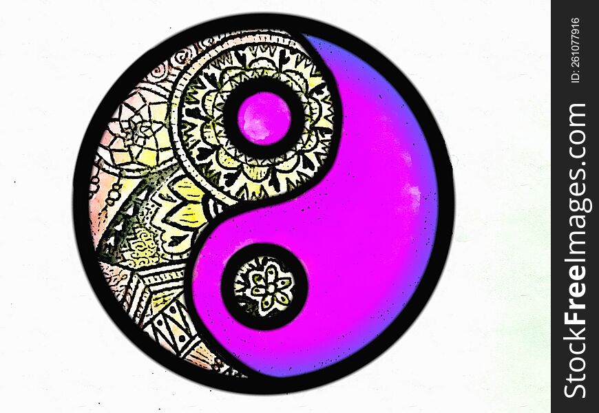 Yin and yang drawing in fuchsia and purple watercolor on white background.  The yin and yang theory holds that everything in the universe contains two opposing forces: yin and yang.