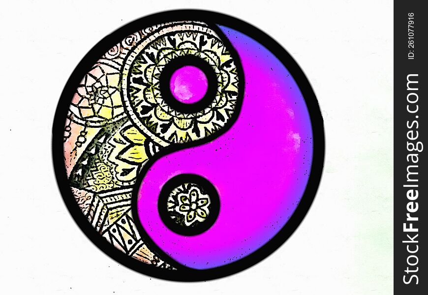 Yin and yang drawing in fuchsia and purple watercolor on white background.  The yin and yang theory holds that everything in the u