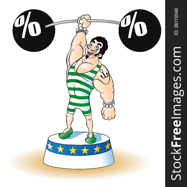 weight lifter in green striped suit lifting a weight with percent symbols. Available in vector EPS format
