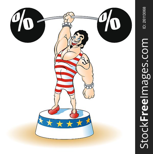 weight lifter in red striped suit lifting a weight with percent symbols. Available in vector EPS format