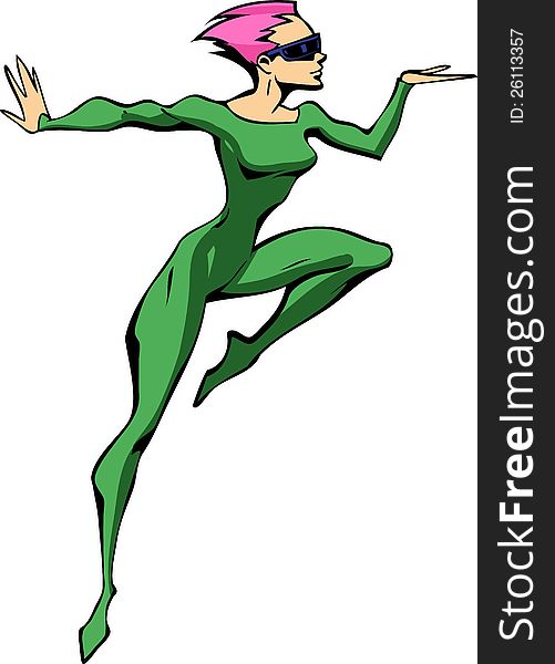 Illustration of a sportive lady in a green costume in a dynamic pose