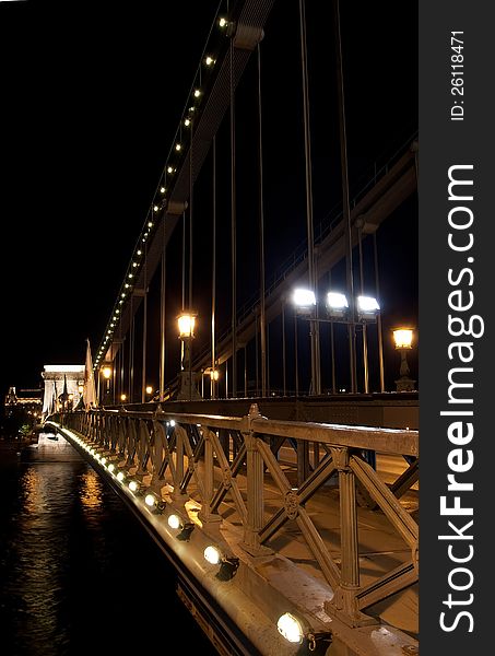 Szechenyi Chain Bridge, Budapest, night view and close up. Szechenyi Chain Bridge, Budapest, night view and close up