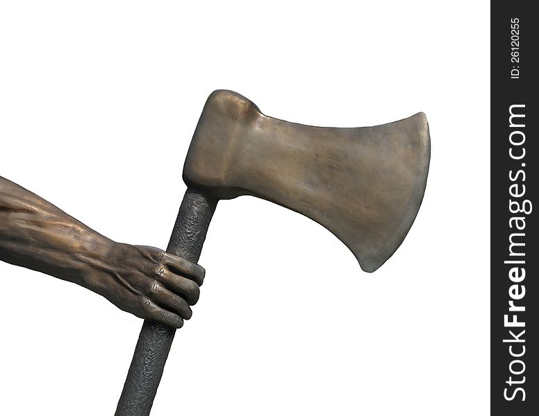 Bronze metal arm and hand holding a battle axe. Isolated on white. Bronze metal arm and hand holding a battle axe. Isolated on white.