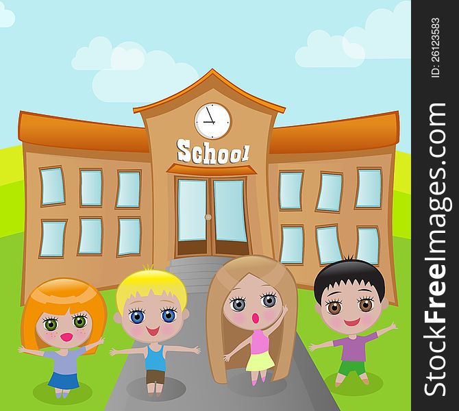 Cartoon kids are standing in the background of the school. Cartoon kids are standing in the background of the school