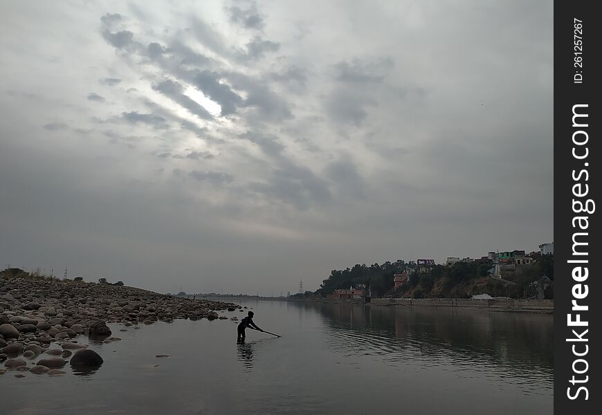 Fishing In Shallow Water In Akhnoor, Jammu