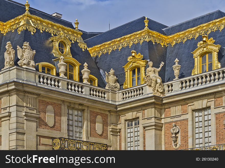 Front facade of Famous palace Versailles. The Palace Versailles was a royal chateau. It was added to the UNESCO list of World Heritage Sites. Paris, France