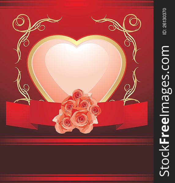 Pink heart with blooming roses. Valentines card. Illustration