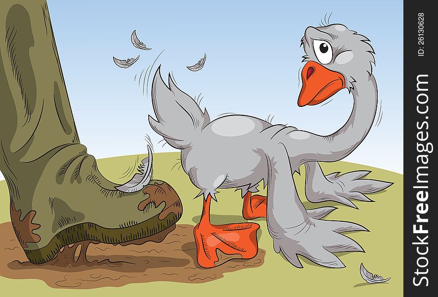 Human foot in a muddy boot pushes the goose in the. Human foot in a muddy boot pushes the goose in the