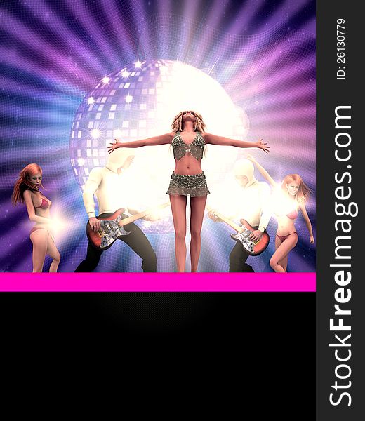 Illustration of dancing 3d people and big disco ball.