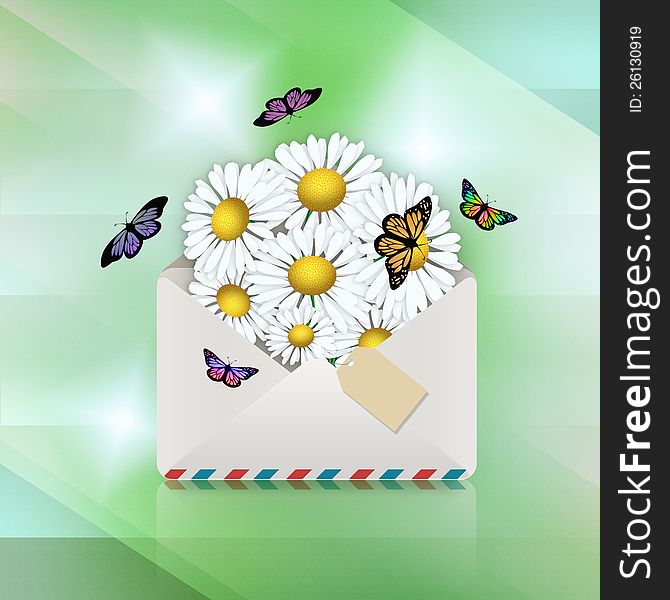 Illustration of open envelope with camomiles and butterflys. Illustration of open envelope with camomiles and butterflys.