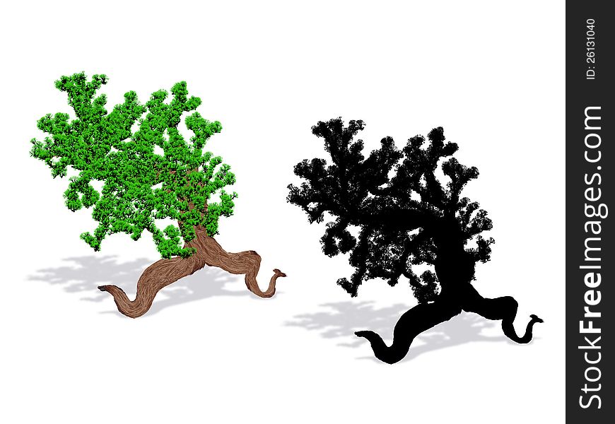 Painted fantasy spring tree and black silhouette on white background. Painted fantasy spring tree and black silhouette on white background.