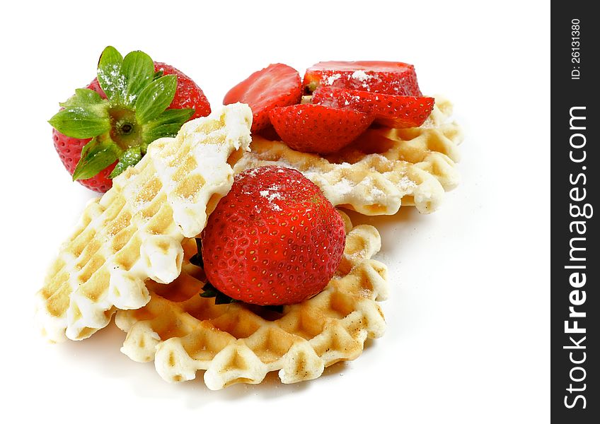 Delicious Waffles and Perfect Strawberries with Sugar Powder  on white background. Delicious Waffles and Perfect Strawberries with Sugar Powder  on white background