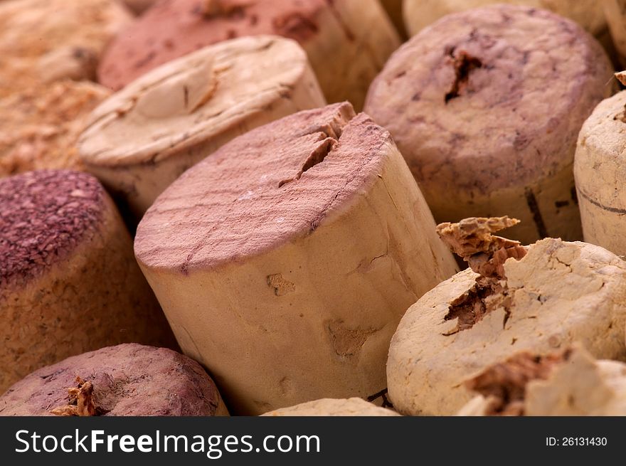 Arrangement of Various Used Wine Corks close up as background