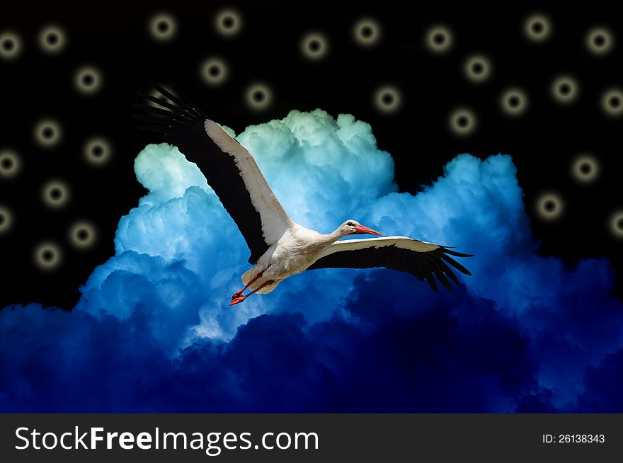 A stork with spread wings flying in a black magic sky with blue clouds. A stork with spread wings flying in a black magic sky with blue clouds