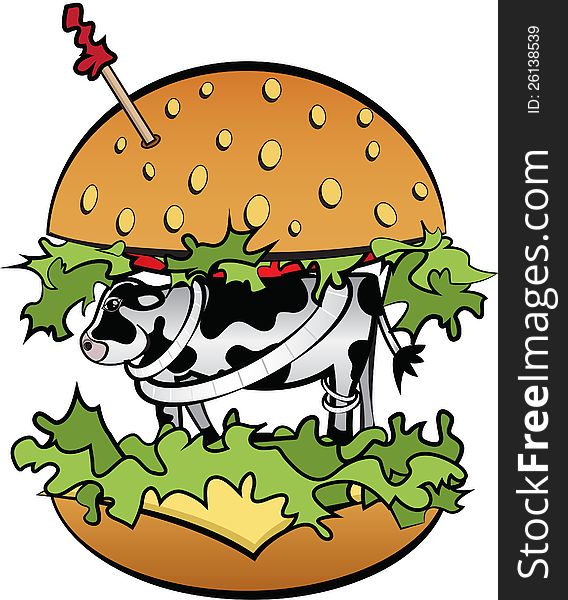 Cow stands inside a hamburger bun. Cow stands inside a hamburger bun